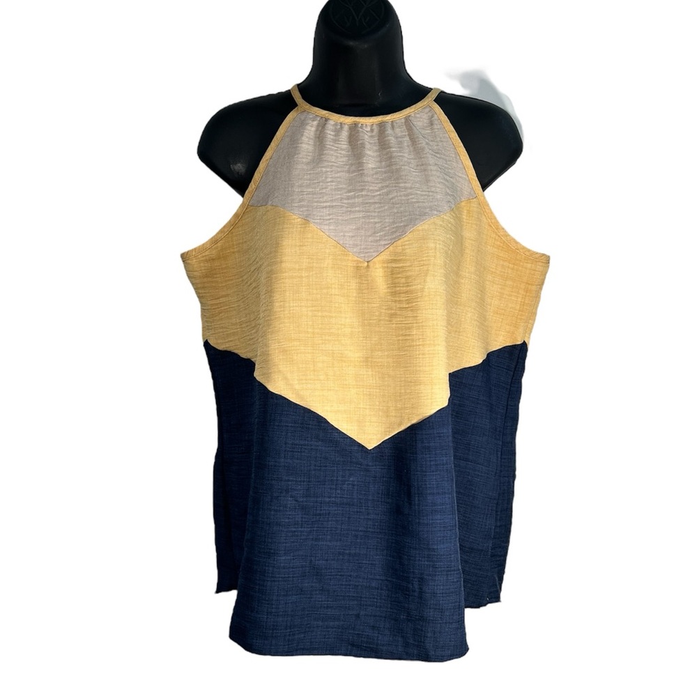 Anthropologie Color Blocked Halter Linen Blend Tie Closure Tan Gold and Navy
